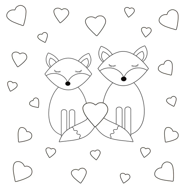 Desenho para colorir com corações e raposas . —  Vetores de Stock