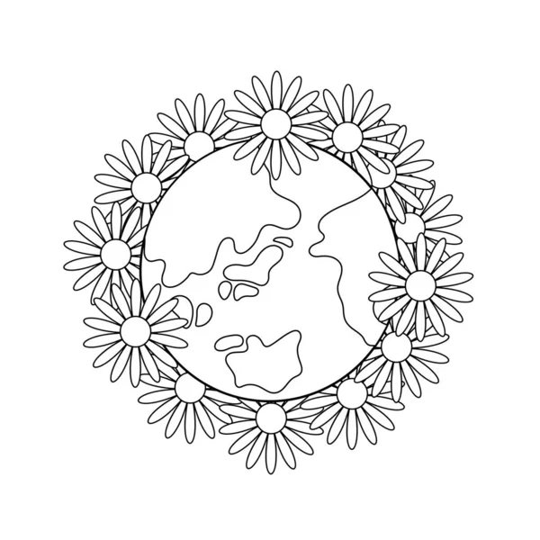 Gezegen ve çiçekler. Boyama sayfası. Vektör illüstrasyonu.