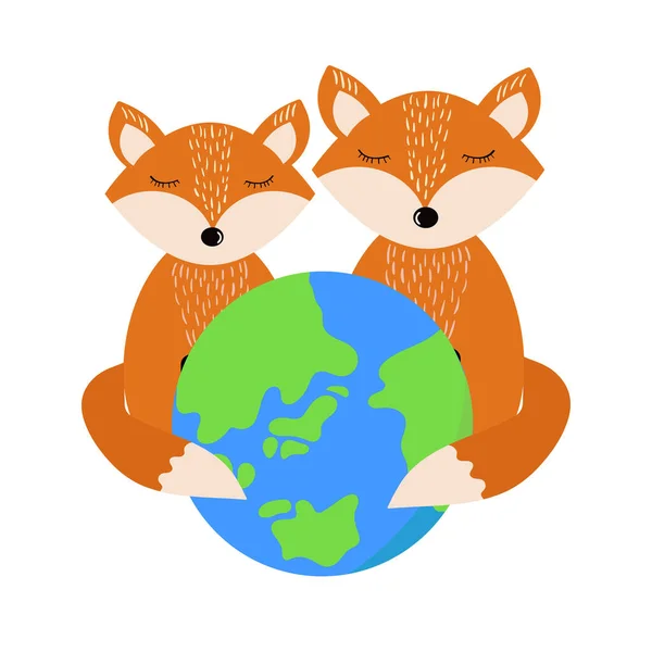 Gezegen ve şirin tilkiler. Dünya günü. Vektör illüstrasyonu.