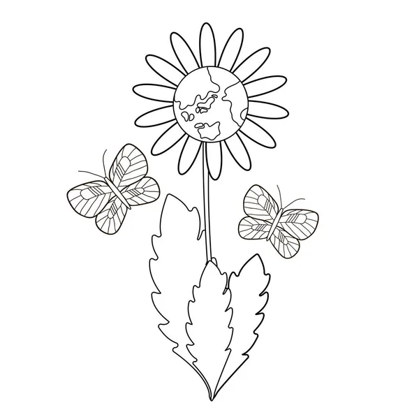 Fleur Planète Papillons Coloriage Illustration Vectorielle — Image vectorielle