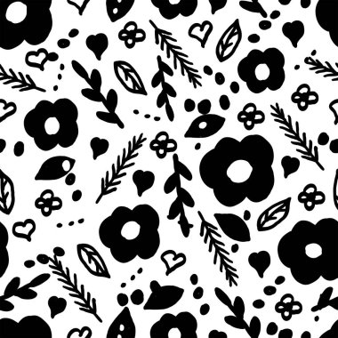 Çiçeksiz desen. Beyaz arka planda siyah çiçekler. Vektör illüstrasyonu.