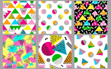 Kusursuz desenler. Geometrik arka planlar. Memphis tarzı. 80 'ler. Vektör illüstrasyonu