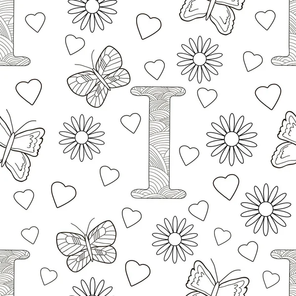 Lettre Avec Fleurs Feuilles Papillons Modèle Homogène Coloriage Illustration Vectorielle — Image vectorielle