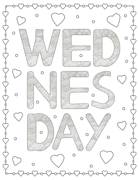 Wednesday Creative Letters Hearts Coloring Page Vector Illustration — Stock Vector