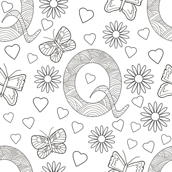 Písmeno Květinami Listy Motýly Bezproblémový Vzorec Omalovánky Vektorová Ilustrace — Stockový vektor