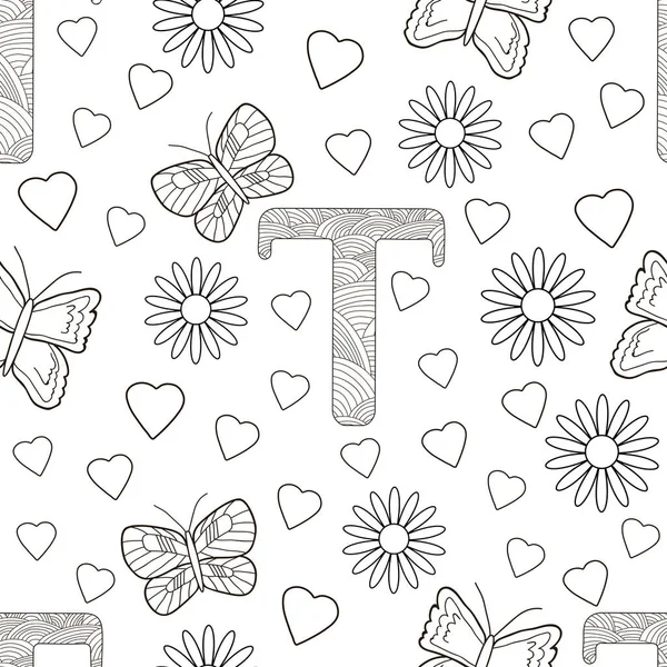 Lettre Avec Fleurs Feuilles Papillons Modèle Homogène Coloriage Illustration Vectorielle — Image vectorielle
