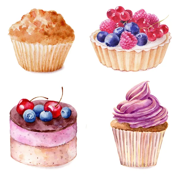 Conjunto de cupcakes de acuarela ilustración dibujada a mano sobre fondo blanco . —  Fotos de Stock