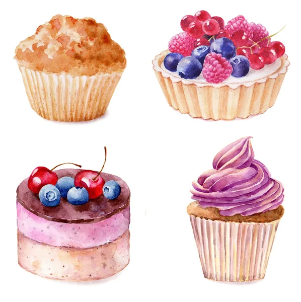 Set von Aquarell-Cupcakes handgezeichnete Illustration auf weißem Hintergrund. — Stockfoto