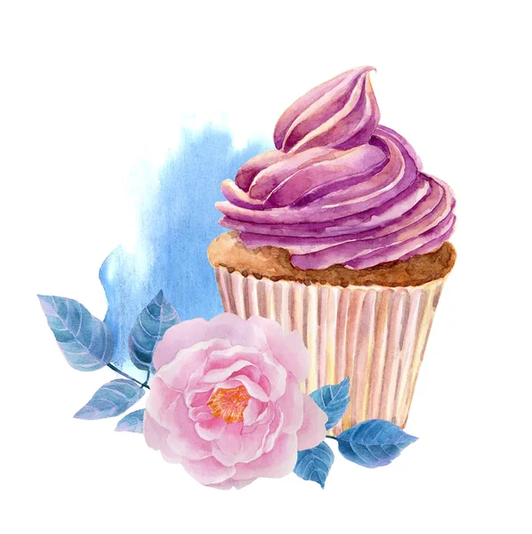 케이크는 흰색 바탕에 그려진된 수채화 그림 손. — 스톡 사진