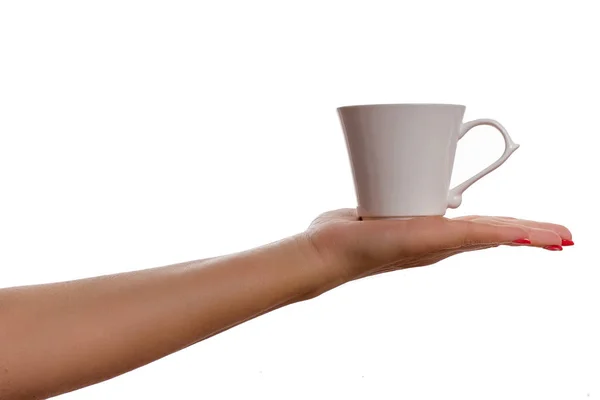 Female Hand Holds Cup Coffee Photo Taken Studio White Background — Stock Photo, Image