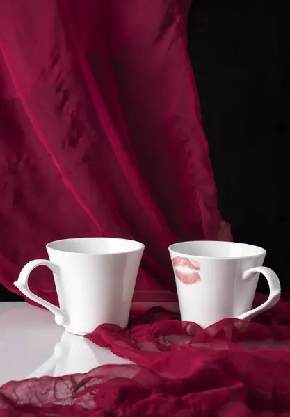 Two Coffee Cup Rustic Red Background Drapery Love Romance Dating — Stock Photo, Image