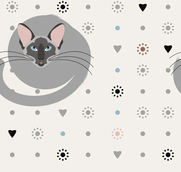 Patrón decorativo sin costuras con gato, flores, corazones y polka — Vector de stock