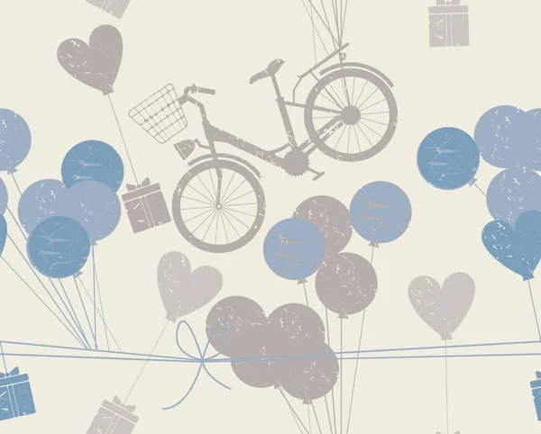 Naadloze patroon met ballonnen, fiets en geschenken — Stockvector