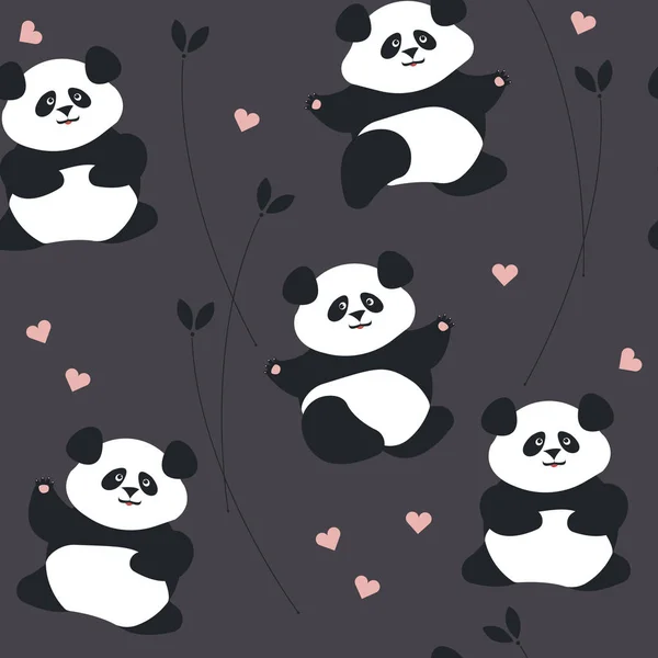 Vzor bezešvé s roztomilý panda, srdce a rostliny — Stockový vektor