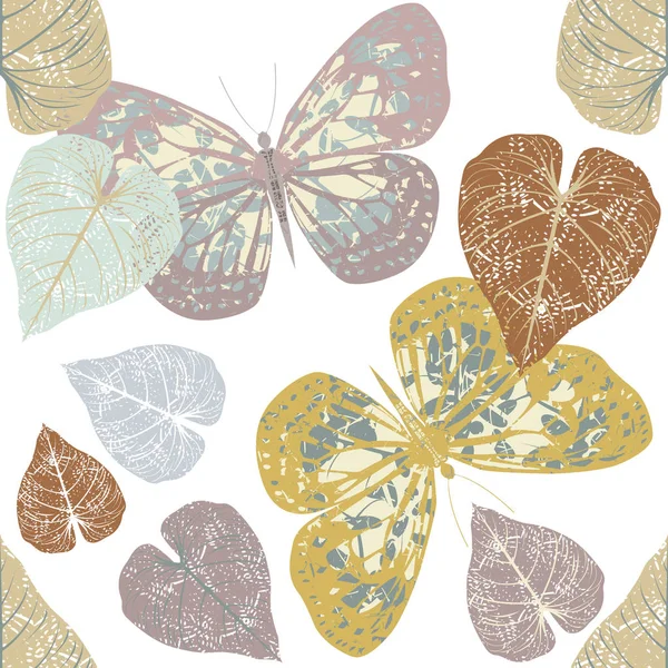 Seamless pattern with cute Butterflies and leaves — Stock Vector