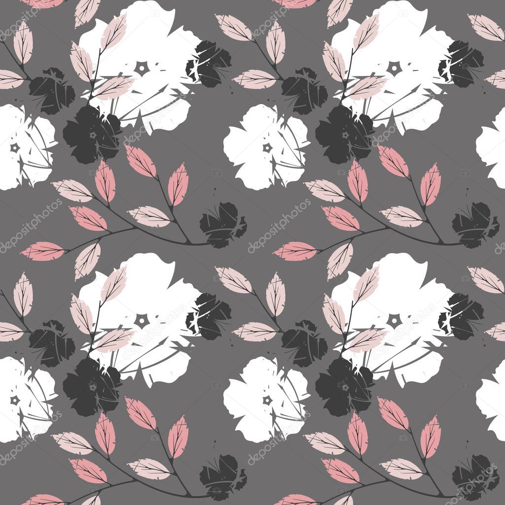 Decorative seamless pattern with cute flowers and leaves