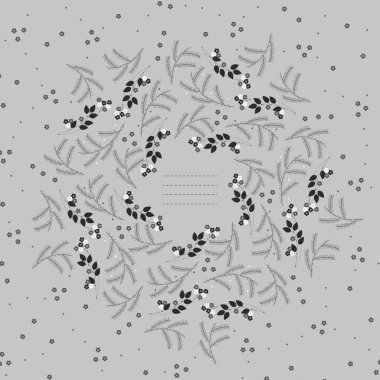 Dalları, çiçek ve gri b izole yıldız yuvarlak çerçeve