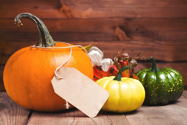 Calabazas de otoño y decoración halloween sobre un fondo de madera vieja con espacio para copiar. Morado y vintage teñido —  Fotos de Stock