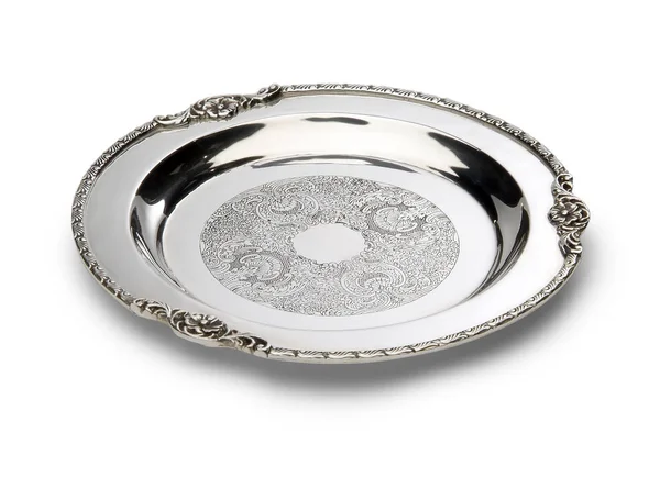 Chiseled round tray of silver plate — Stock Photo, Image