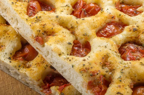 Detail of Apulian flat bread with tomatoes — Stock Photo, Image