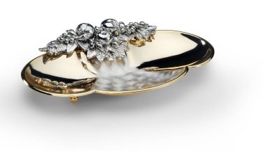 Çelik ve altın oval kapta dekore edilmiş