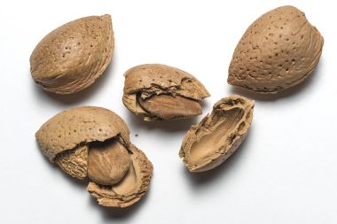 Beyaz arka plan üzerinde tüm ve kırık badem