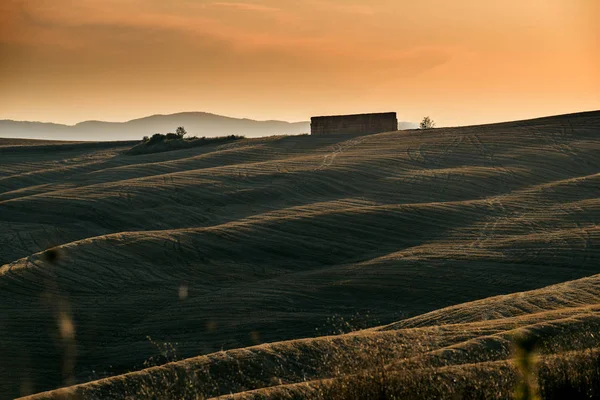 Tájkép a Siena dombok naplementekor — Stock Fotó