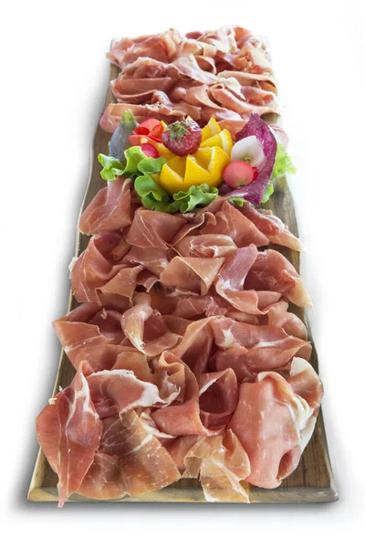 Wooden Tray Sliced Parma Ham Isolated White Background — Stock Photo, Image