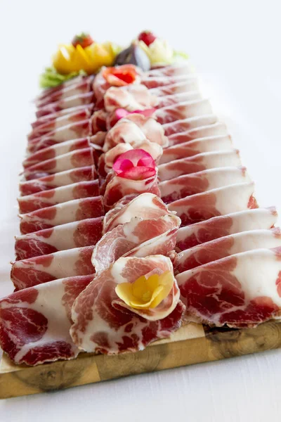 Wooden Tray Sliced Salami Air Cured Pork Meat Coppa Isolated — Stock Photo, Image