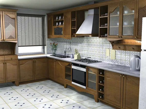 Idéias interiores da cozinha, 3d render — Fotografia de Stock