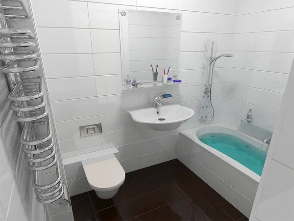 Banheiro design de interiores minimalista, renderização 3D — Fotografia de Stock