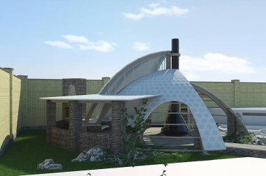 Modern çardak dış ve açık havada oturma alanı, 3d çizim