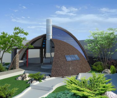 Modern çardak dış ve açık havada oturma alanı, 3d çizim