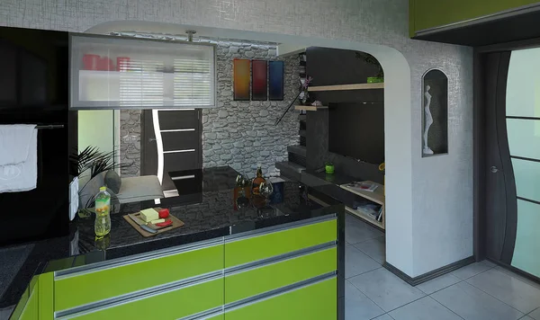 Desain interior konsep terbuka, render 3d — Stok Foto