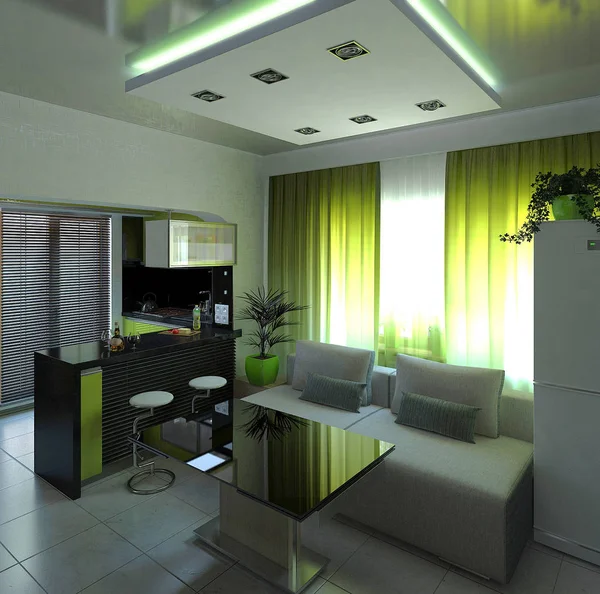 Design de interiores conceito aberto, renderização 3d — Fotografia de Stock