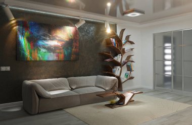 Modern oturma odası iç tasarım, 3d render