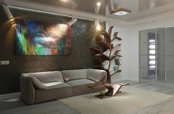 Moderní obývací pokoj design interiéru, 3d vykreslení — Stock fotografie