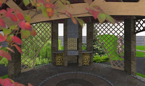 Buitenkeuken gazebo ideeën, 3d render — Stockfoto