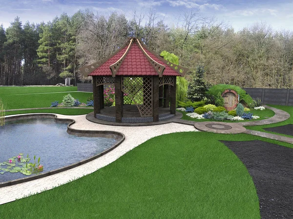 De ideeën van het ontwerp van de achtertuin, 3d render — Stockfoto