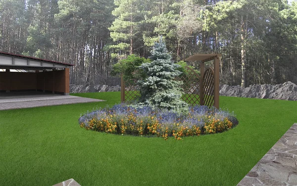 Voortuin aanplant van groen, 3d render — Stockfoto