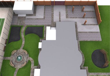 Ön Bahçe düzenleme havadan görünümü, 3d render