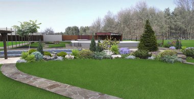 Yeşil, 3d render arka bahçe dikim