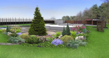Yeşil, 3d render arka bahçe dikim