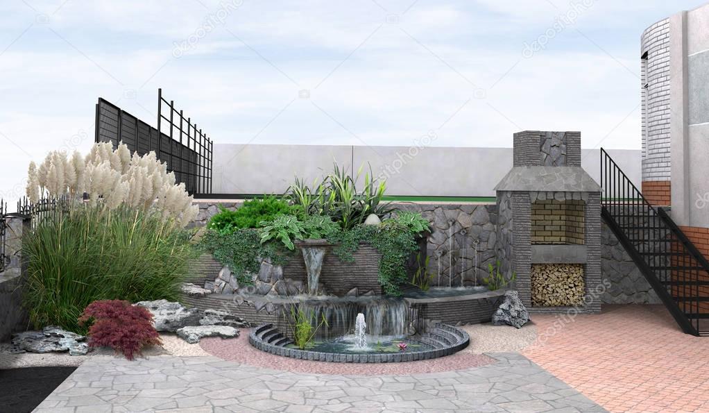 Example of multi level landscaping, 3d render
