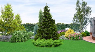 Yeşil, 3d render arka bahçe dikim
