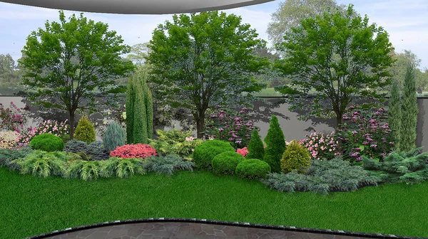 Naturalny ogród wokół domu, 3d renderowania — Zdjęcie stockowe