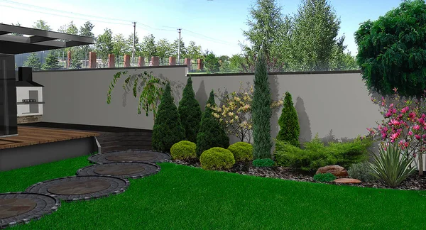 Hinterhof Gartenbau Hintergrund, 3D-Render — Stockfoto