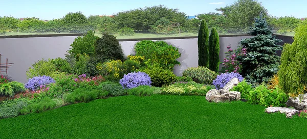 Naturalny ogród wokół domu, 3d renderowania — Zdjęcie stockowe