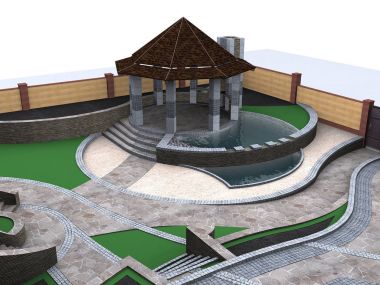 İki katmanlı veranda gölet özellikleri, 3d render havadan görünümü