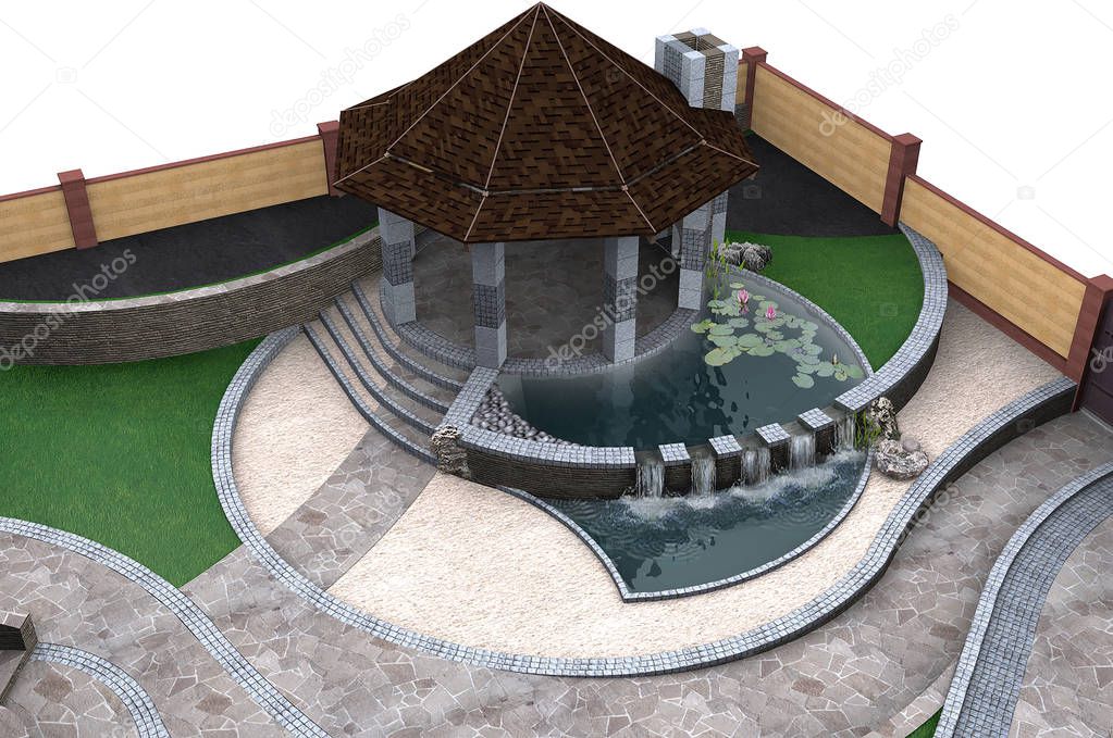Aerial view of two-tiered patio pond features, 3d rendering